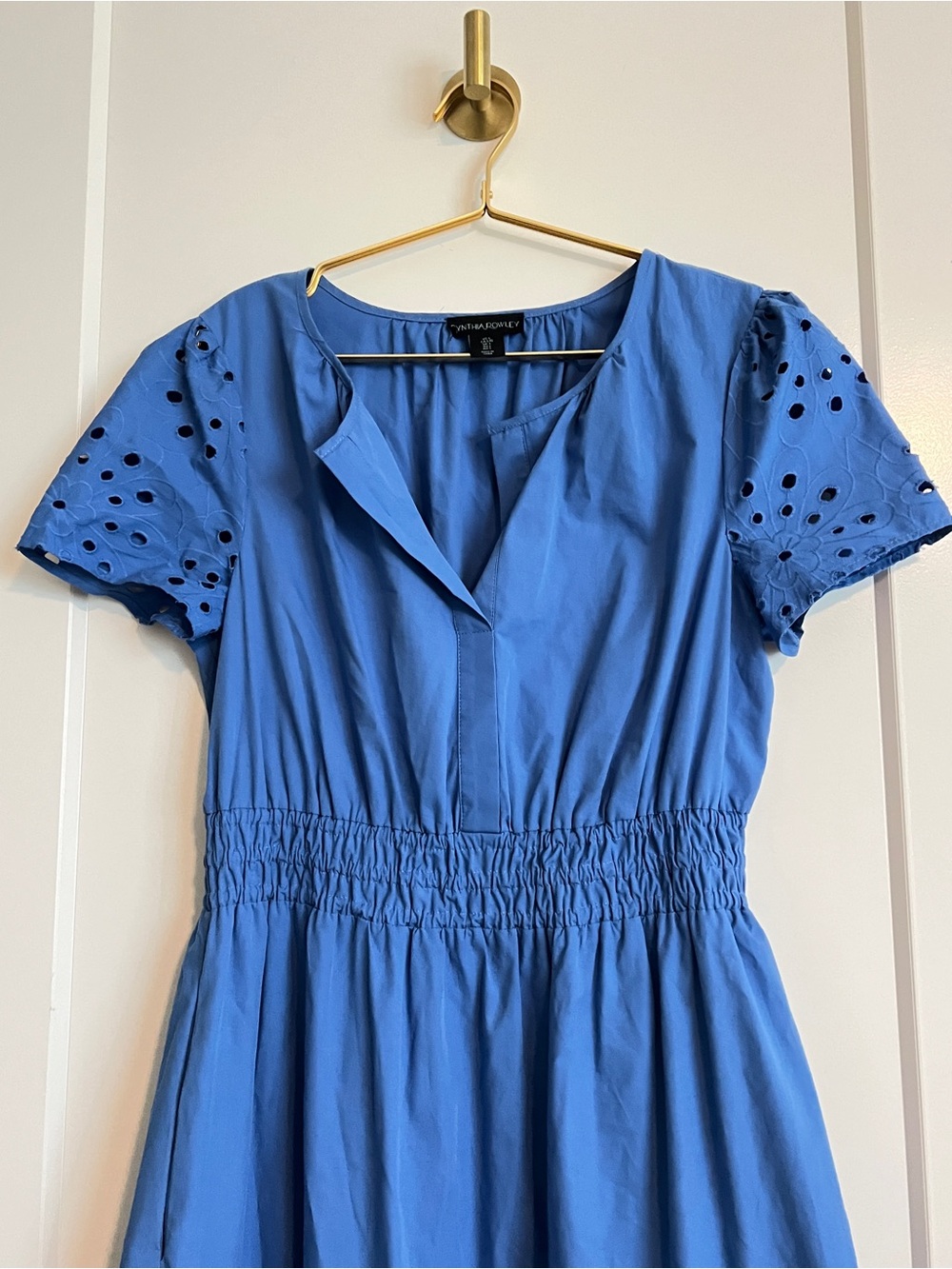 Cynthia Rowley Blue Eyelet Embroidered Tiered Midi Dress Smocked Size Large - Picture 9 of 13